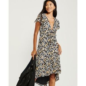NWT Abercrombie & Fitch High Low Midi Dress in Black & Yellow Floral